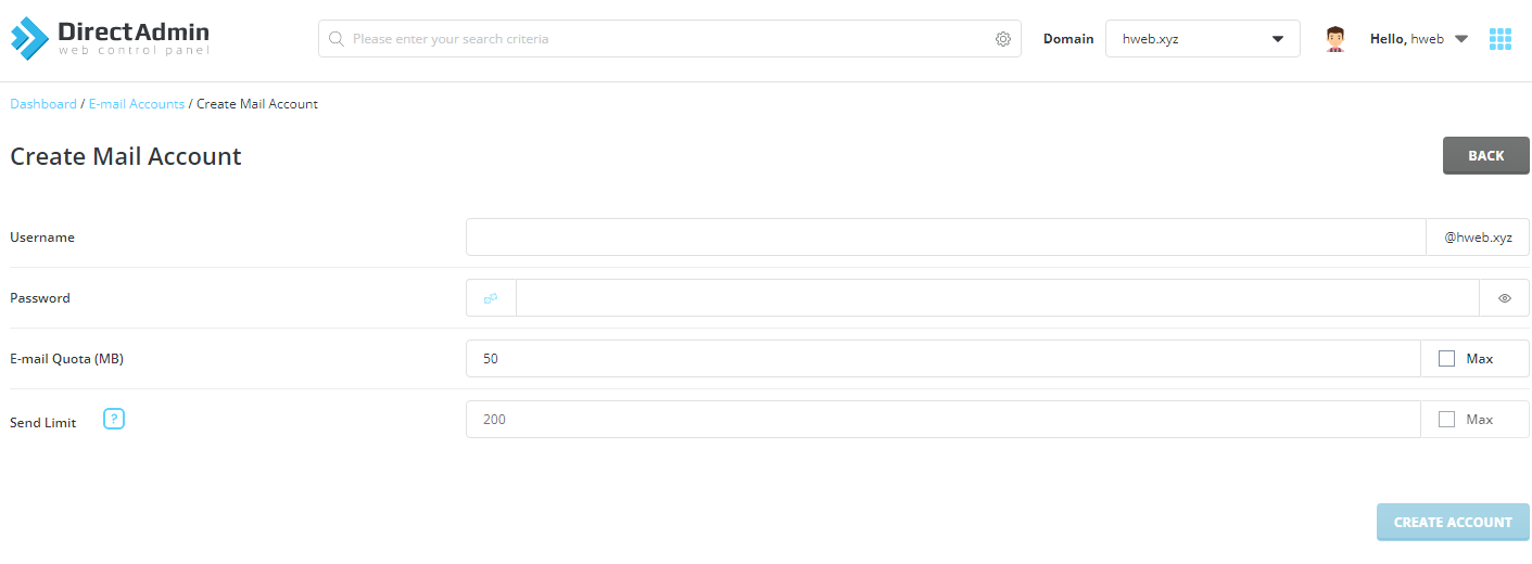 directadmin create email account